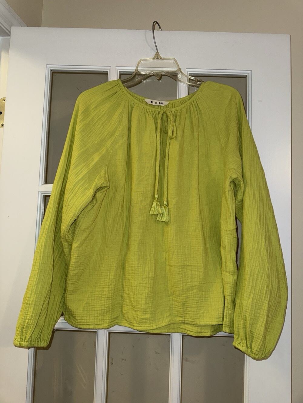BODEN Serena Doublecloth Blouson Sleeve Top Sz 8 Lime Green Tassel Preppy